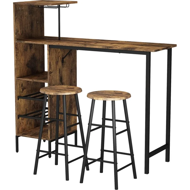 Bartisch-Set Fyrk Schwarz/Eiche rustikal 121.5 x 40 cm mit 2 Hocker Vicco