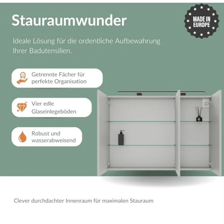 Planetmöbel ARIA Spiegelschrank Bad mit Beleuchtung 100 cm breit | Badschrank hängend mit Spiegel | Weiß Grau, mit Leuchte und Steckdose, Spiegelschrank Gäste WC 100 x 70 x 16 cm – Bild 5
