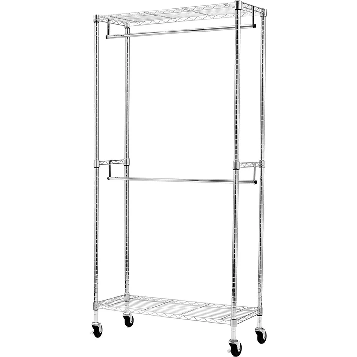 Amazon Basics Doppel-Kleiderstange Offen mit Rädern und Höhenverstellbaren Regalen - Maximalgewicht 181 kg, Chromfarben, 91 cm L x 35,5 cm W x 183 cm H – Bild 3
