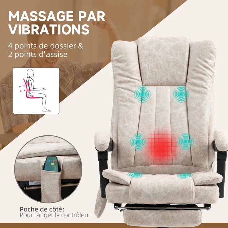 MELAYR, Bürostuhl mit Massage- und Heizfunktion, verstellbarer Höhe, verstellbarer Rückenlehne, 79 x 36 x 65 cm, Creme – Bild 6
