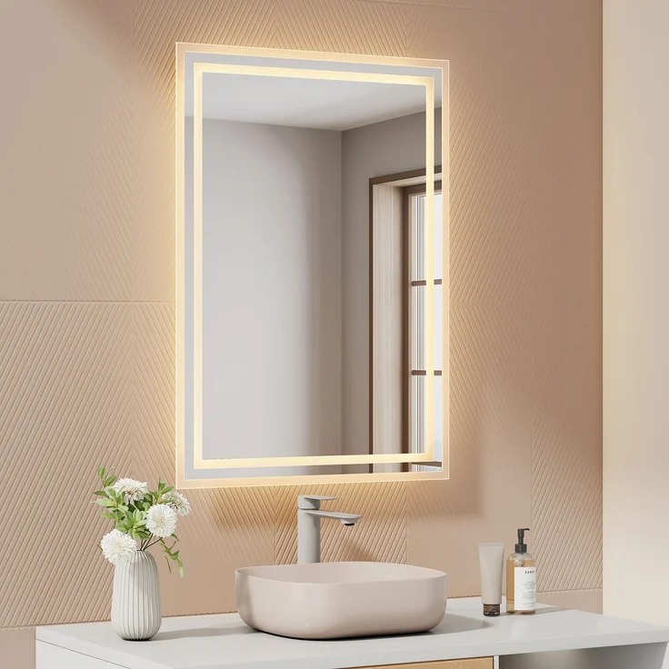 EMKE LED Badspiegel 70x50cm Kaltweiß/Warmweiß Licht, Knopfschalter, Beschlagfrei, IP44 Wasserdicht Wandspiegel