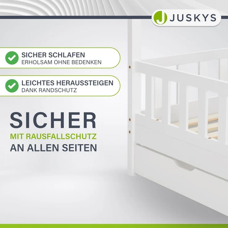 Juskys Kinderbett Marli 80x160 cm mit Bettkasten 2-teilig, Rausfallschutz, Lattenrost & Dach - Massivholz Hausbett für Kinder - Bett in Weiß – Bild 2
