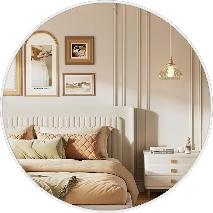SONGMICS Runder Spiegel, Wandspiegel, Aluminiumrahmen, 61 cm | Modern, einfache Montage, für Bad, Wohnzimmer, Schlafzimmer, Flur, mattweiss, BERIT Kollektion LWM102WC01