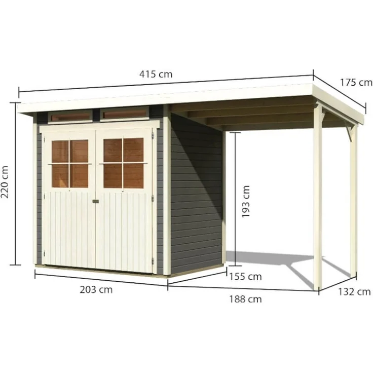 Karibu Gartenhaus 19 mm Glücksburg 2 mit Anbau 374 x 214 cm terragrau – Bild 2
