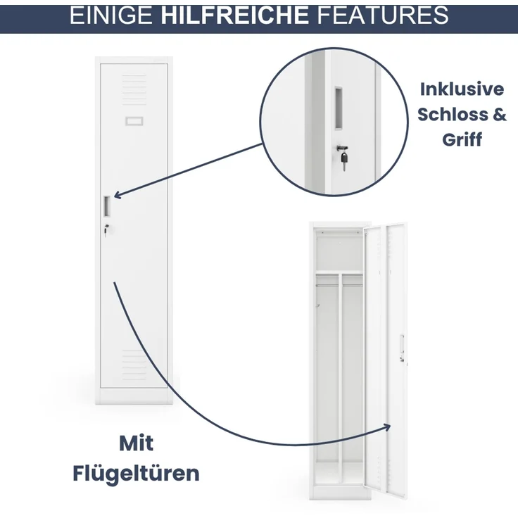 Umkleideschrank Spind WIEN - 1 Abteil, Etikettenhalter Lüftungsschlitze | Umkleidespind Metall Schließfachschrank Garderobenspind, 180 x 40 x 50 cm Weiß – Bild 5