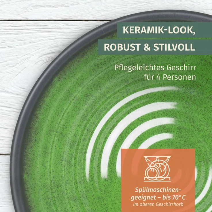 Moritz Camping Tafelgeschirr aus Melamin für 4 Personen 12-teilig | spülmaschinenfest | Picknick Geschirrset | Geschirr Campinggeschirr I Stone Green Design – Bild 4