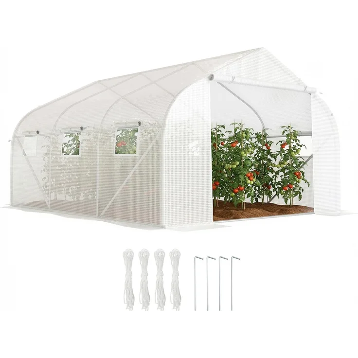 MELAYR, Tunnelgewächshaus 445x300x205 cm, Gartengewächshaus mit 6 Fenstern und PE-Polyethylen-Abdeckung 140 g/m², Weiß