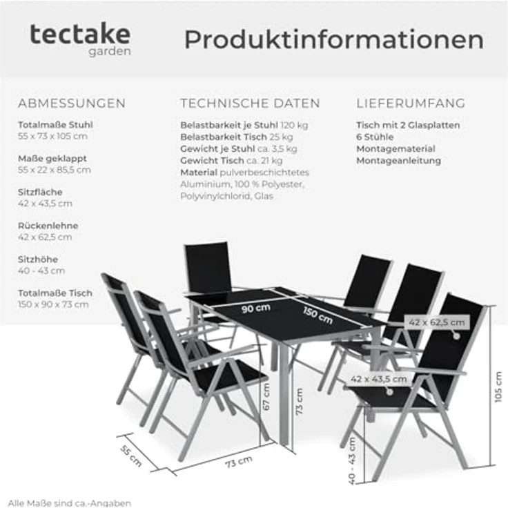 tectake® Sitzgarnitur Aluminium Klappstühle, Lounge Set mit 6X Stühle und 1x Glastisch Esstisch, Gartenmöbel Set wetterfest für den Balkon, Gartenstühle, Terrassenmöbel, Liegestuhl - Silber – Bild 7