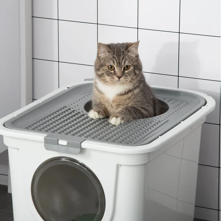 Katzentoilette 44 x 55 x 39 cm mit Deckel, oberem Ausgang und Schaufel – Weiß – Bild 6