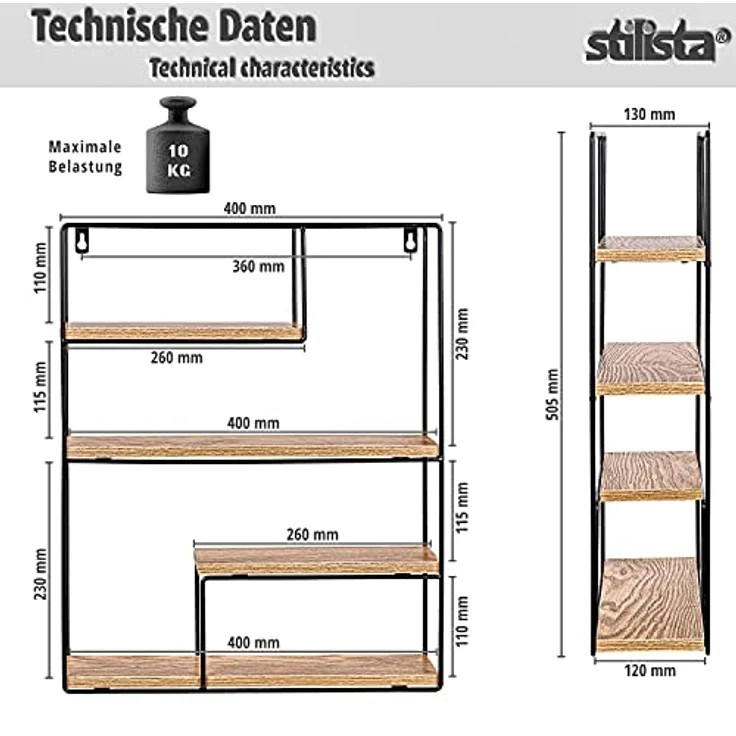 STILISTA Wandregal Design Regal Bücherregal Schweberegal Hängeregal, Industriedesign, Holzböden, Farb- und Modellwahl – Bild 4