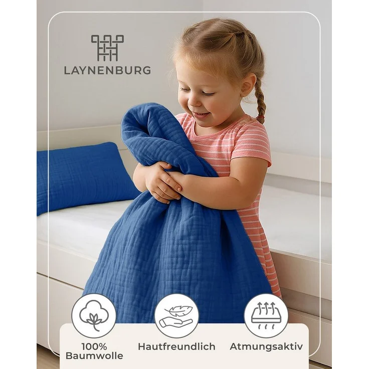 Laynenburg Kinderbettwäsche Musselin 2 teilig aus 100% Baumwolle in 100x135 cm + 40x60 cm, atmungsaktiv & bügelfrei – 3 lagig mit Reißverschluss & Haltebändern – Bild 3