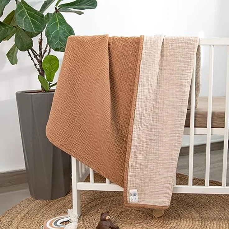 Lulu moon Musselin-Babydecke – Baumwoll-Steppdecken für Kleinkinder – wendbare Kinderbettdecke für Babys Jungen und Mädchen, 120x120 cm(Karamellfarben) – Bild 4