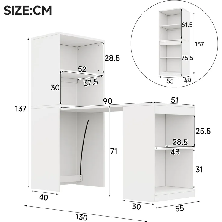 Klapptisch aus Spanplatte, 2-in-1 Schreibtisch mit 4 Ablagefächern, 130x51x137 cm, Weiß – Bild 5