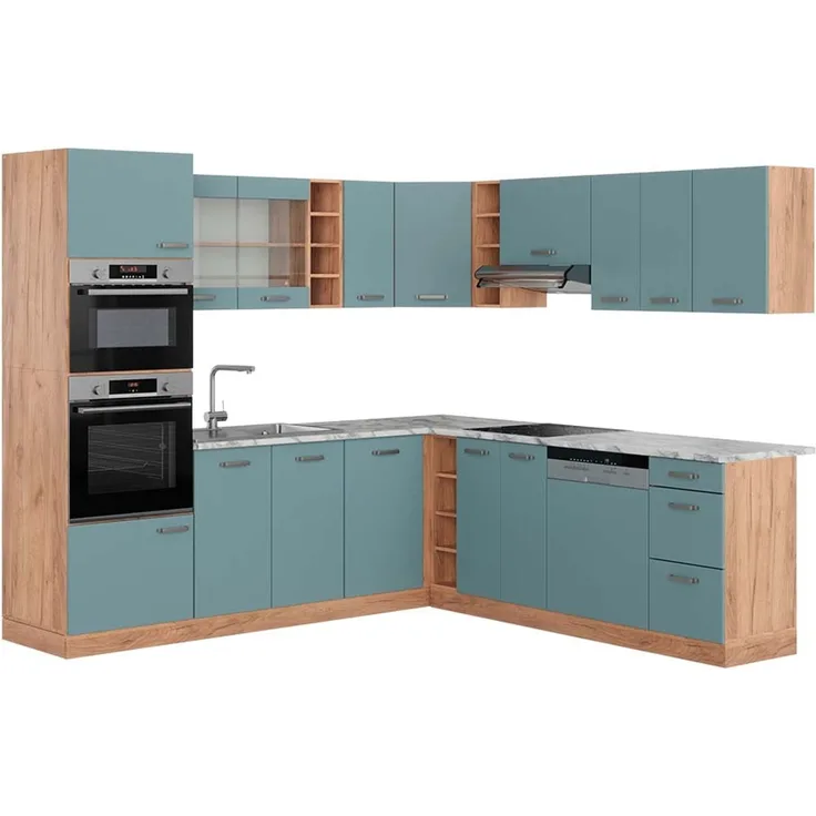 Eckküche R-Line Blau-Grau/Goldkraft Eiche 247 x 237 cm, AP Marmor Vicco
