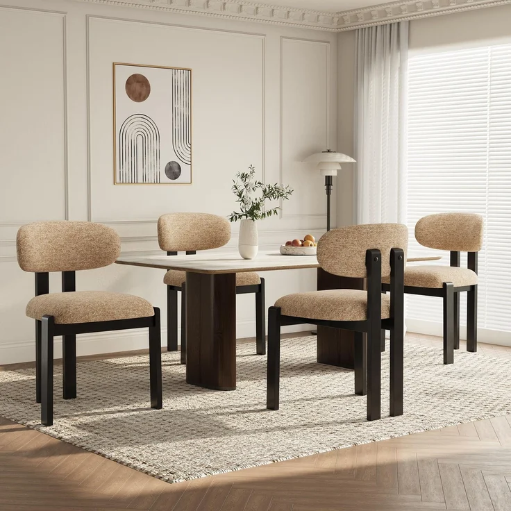 MALOL Esszimmerstühle 4er Set, Moderne Polsterstuhl Essstühle mit Fester Rückenlehne, Stoff Esszimmerstühl mit Holzbein für Esszimmer, Küche, Restaurant, Mit schwarzen Beinen, Kamel