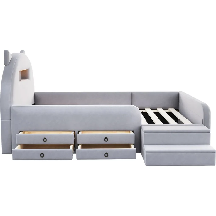 LVHOM Kinderbett 90x200cm mit Rausfallschutz, Polsterbett mit Nachtlicht, USB, Schubladen und Stufenbank, Samt, Hellgrau – Bild 8