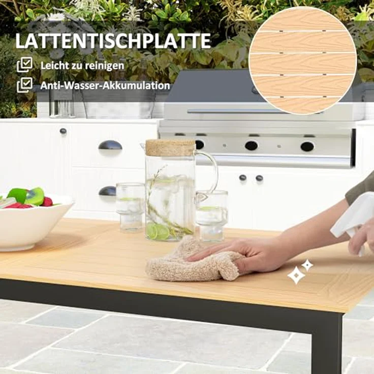 Outsunny Gartentisch, Teakfarbe mit Lamellen-Tischplatte, 80x75x160 cm, für 6 Personen, pulverbeschichtet, wetterfest – Bild 5