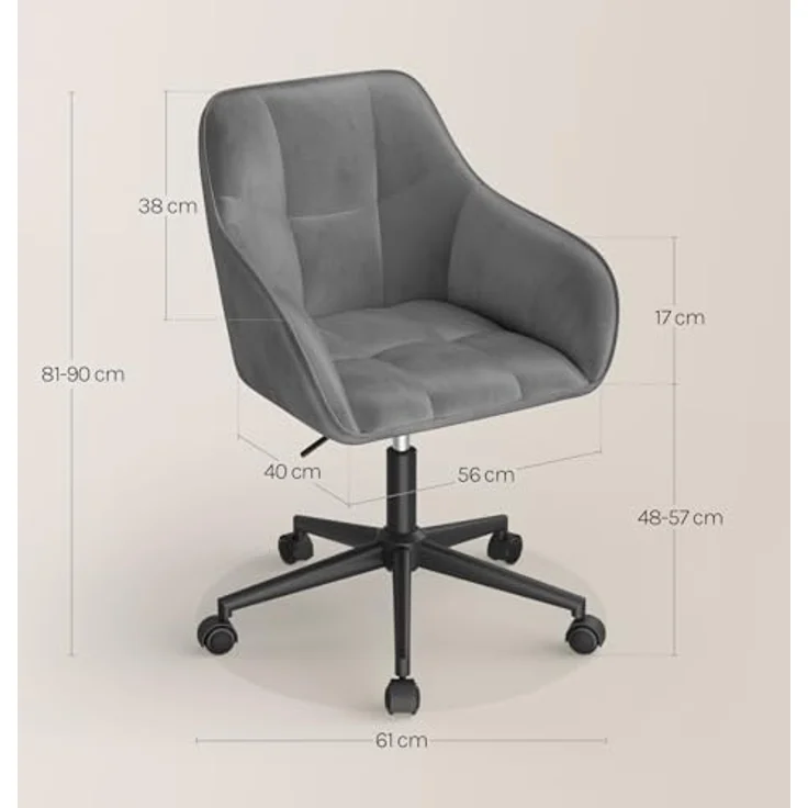WOLTU Homeoffice Stuhl, Schreibtischstuhl, Drehstuhl, Schminkstuhl, höhenverstellbar, bis 150 kg belastbar, mit Armlehnen Samtsitz, für Schlafzimmer Büro Wohnzimmer, Dunkelgrau+Schwarz BS145dgr – Bild 4