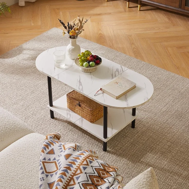 Couchtisch Aibiju Holzbeine 2-Stufiger Stauraum Weiß Schwarz YD-011M – Bild 7