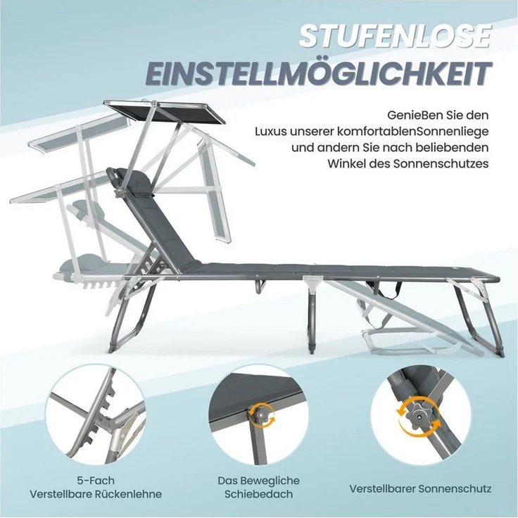 HOMECALL XXL-Sonnenliege aus Aluminium mit Dach und Quick-Dry-Schaum, max. Belastung bis 150 kg, Textilene anthrazit, 200x70 cm – Bild 3