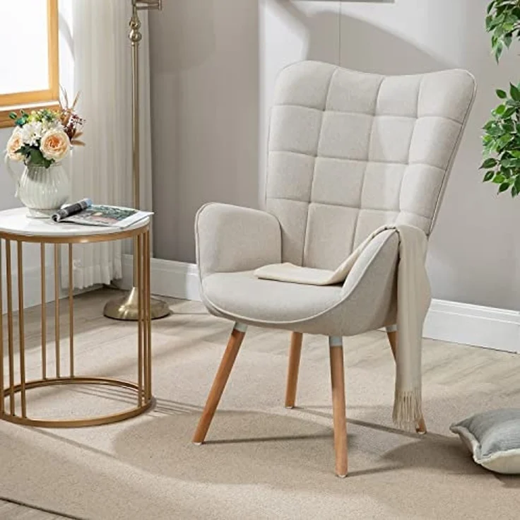 MEUBLE COSY Sessel 2er Relaxsessel Lehnstühle Polstersessel Einzelsofa mit Holzbein Ohrensessel für Wohnzimmer Schlafzimmer Büro Vanity, Stoff, Beige – Bild 5