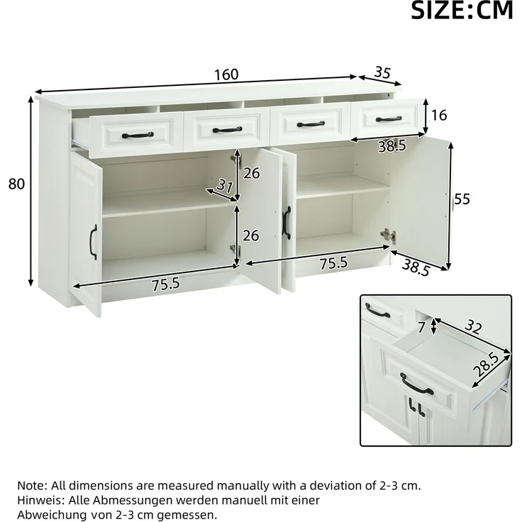 Merax 160cm Weißes Sideboard, Kommode aus MDF mit 4 Schubladen und 4 Türen, 2 Ablageflächen, geriffeltem Design und 8 Metallgriffen – Bild 4