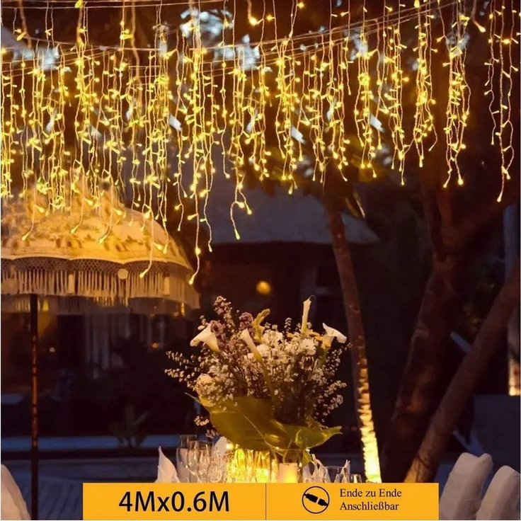 Quntis LED-Lichterkette 4/10/20M lichterkette Weihnachtsdeko, Timer/Memory-Funktion, Warmweiß, Lichtervorhang Eisregen Außen, Eiszapfen Regenlichterkette Erweiterbar