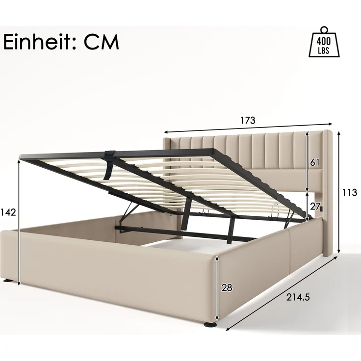 Stauraumbett Polsterbett 160x200 cm Doppelbett mit Hydrauliksystem, Lattenrost aus Holz und Metallrahmen, Leinen, Beige – Bild 5