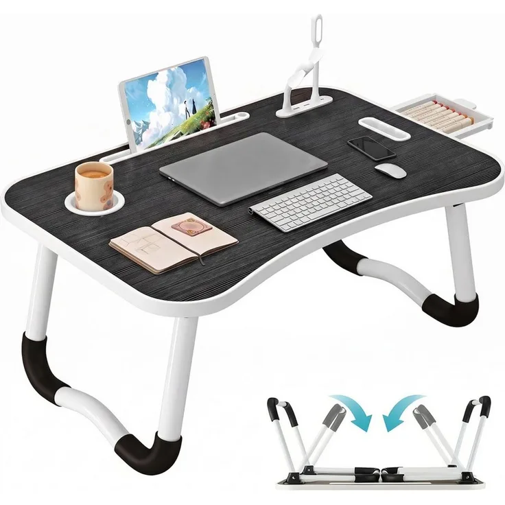 HEYHIPPO Laptoptisch Klappbarer Laptoptisch, mit Schublade, Becherhalter & 4 USB, stabil (Packung, Stabile W-förmige Tischbeine, wasserfeste Platte,für Lernen,Arbeiten), Bett-Tablett– 60×40×27 cm, für Laptops bis 17 Zoll, für Sofa & Bett