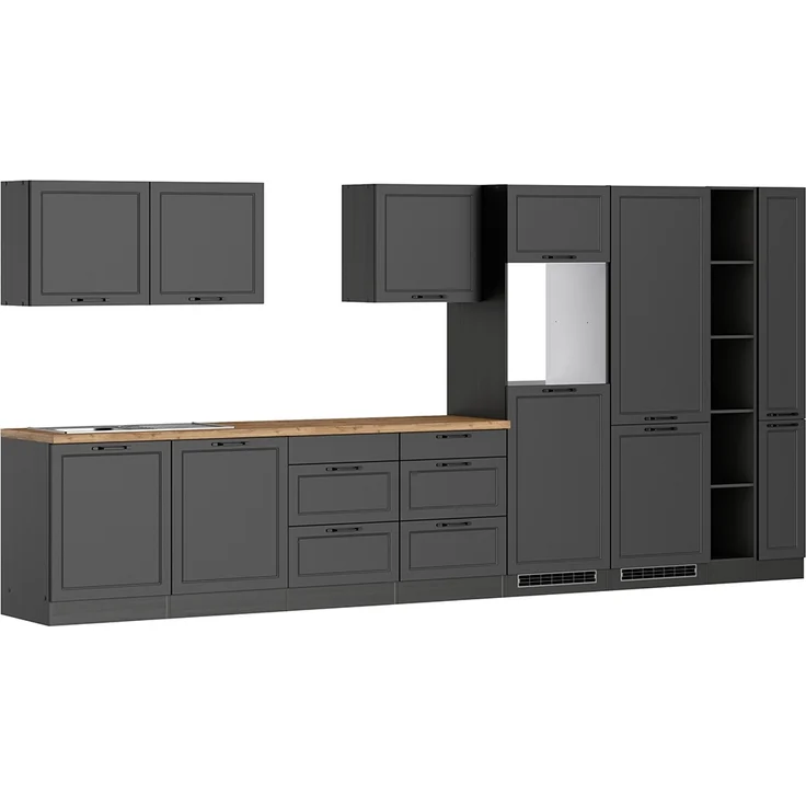 Küchenzeile 420 cm in grau, Arbeitsplatte in Eiche, MONTERREY-03 – Bild 1