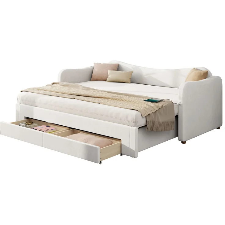 ZUBALIYA Schlafsofa 90 x 200 cm mit Schubladen, USB-Anschluss, gepolstertem Kopfteil, Samt, Beige – Bild 19
