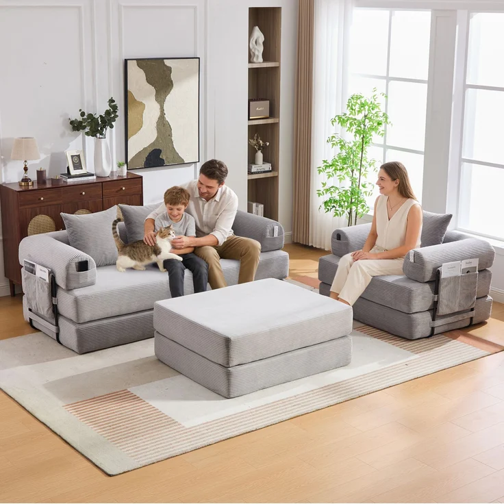 Modulares Sofa-Set aus Cord, mit Metallgestell & Seitentasche, 200x94x67 cm, Hellgrau – Bild 2