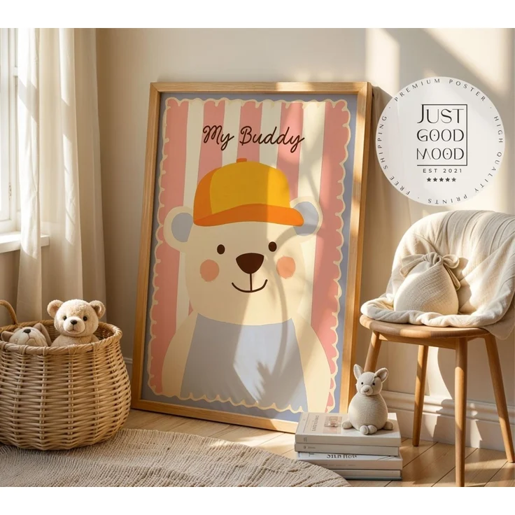 Poster Kinderzimmer Bär · My Buddy Schriftzug · Süßes Tierposter mit Mütze · Rosa & Pastell Deko · Freundliches Wandbild · Ohne Rahmen - 70x100cm – Bild 1