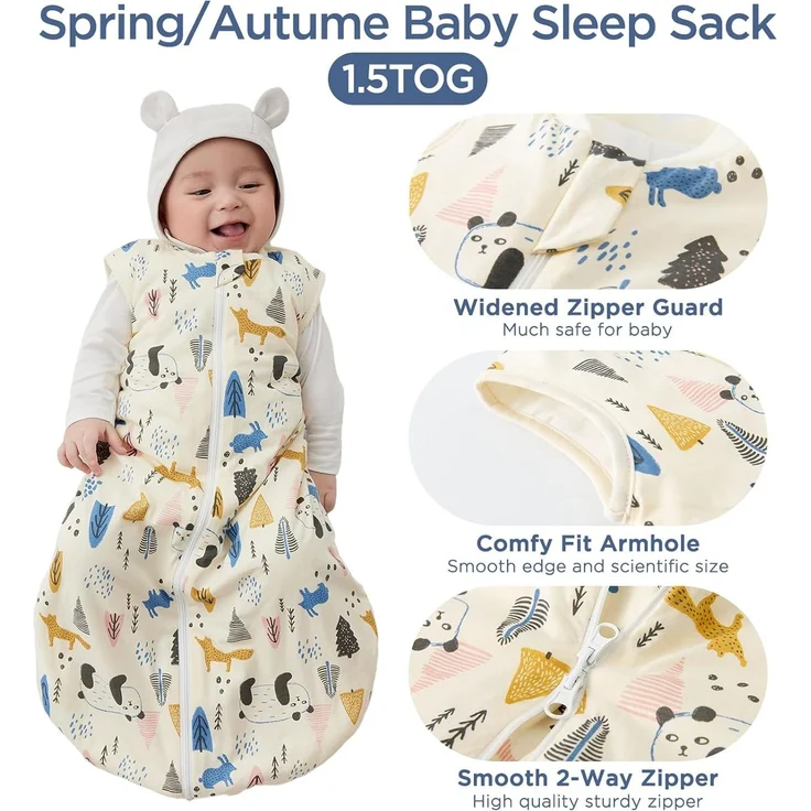 Duomiaomiao Baby-Schlafsack, 1,5 Tog, 100 % Baumwolle, für vier Jahreszeiten, tragbar, atmungsaktiv, bequem – Bild 2