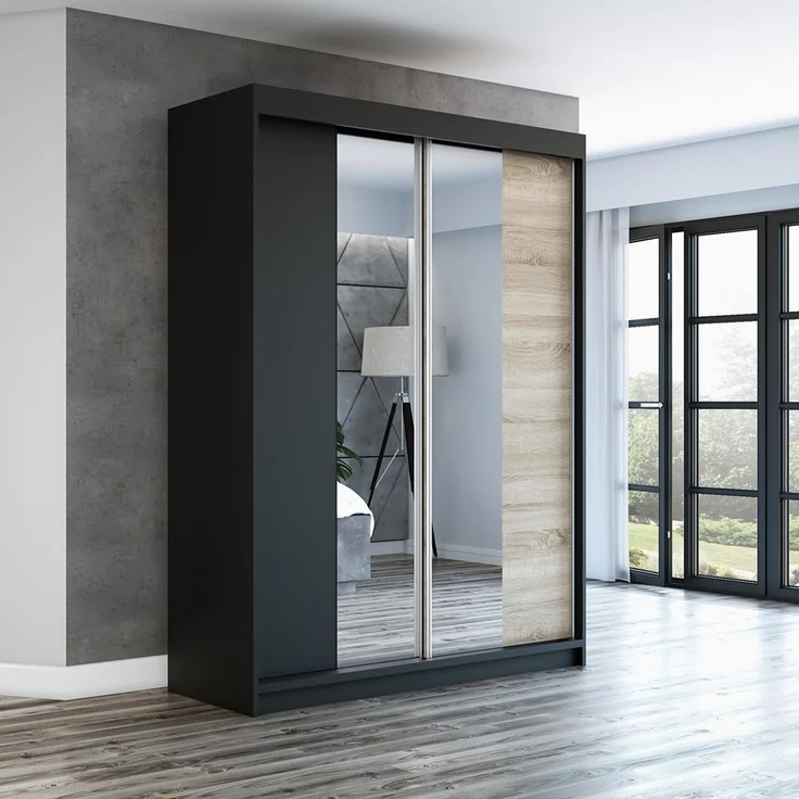 Schwebetürenschrank NEO 2-türig Schrank 160 cm (mit Spiegel) Farbe: Schwarz , sonoma – Bild 2