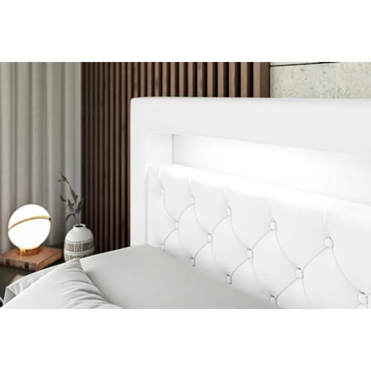 ALTDECOR Boxbett, Weiß Hochglanz, 200x200 cm, mit LED Licht, zwei Bettkästen, 21 cm hoch, Härtegrad H4, inklusive Topper und abnehmbaren Bezug – Bild 6