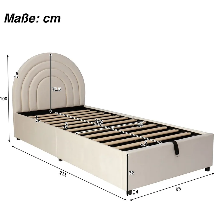 Kinderbett mit Stauraum und Kopfteil, 90x200 cm, Polsterbett mit Lattenrost, Einzelbett, Samt – Bild 7