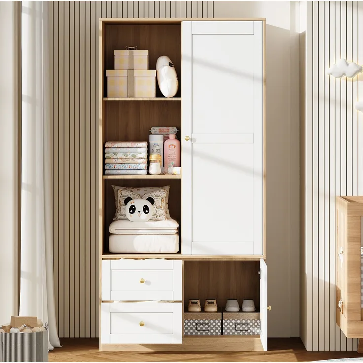 Kleiderschrank 90 x 50 x 180 cm mit Schiebetür, Kleiderstange und 2 Schubladen – MDF in Natur/Weiß