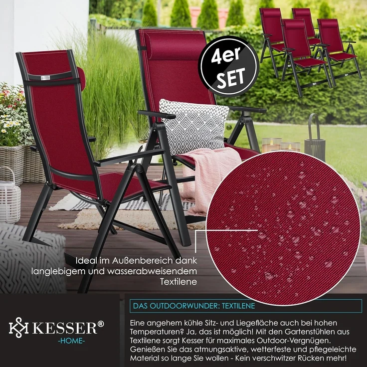 KESSER® Gartenstuhl Hochlehner mit Armlehnen | Aluminium Klappstuhl inkl. Kopfkissen Campingstuhl 7-Fach Verstellbar Rückenlehne | Atmungsaktiv & Wetterfest | Klappbar & Anti-Rutsch 4 Stück, Bordeaux Rot – Bild 5
