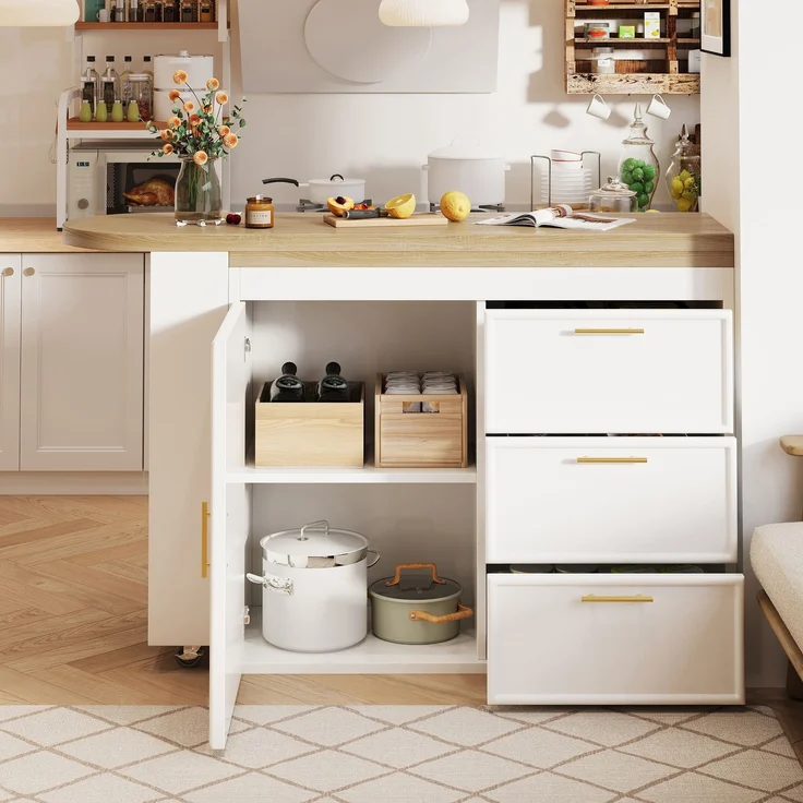 Bartisch Tisch mit 360° Drehfunktion, Verstellbare Regale & Kippschutz, 3 Schubladen & Seitenablage, Vielseitiger Stehtisch für Esszimmer, Wohnzimmer & Homeoffice--Weiß--97x54.51x16cm--YOUDENOVA – Bild 2