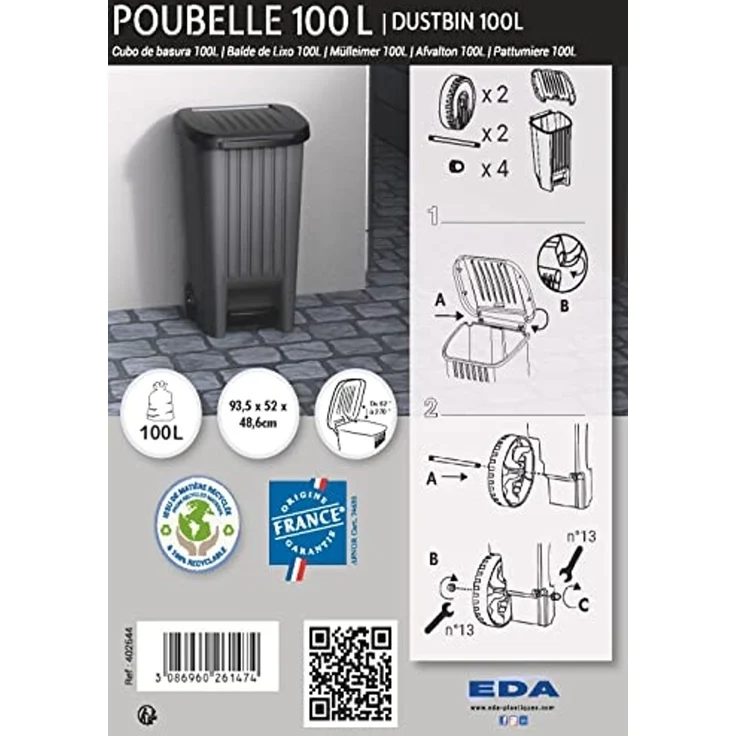 EDA Plastiques Mülleimer outdoor 90 l anthrazit/schwarz mit Pl und Rädern – Bild 6
