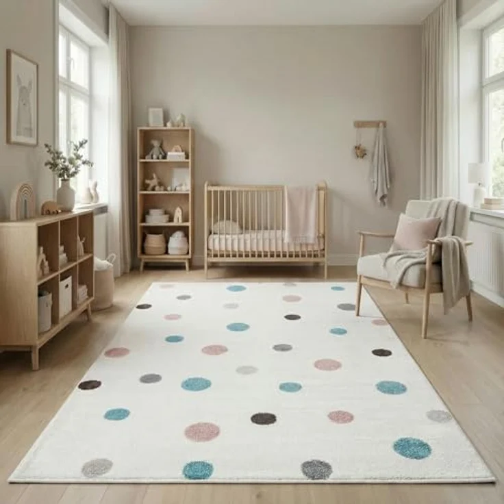 Jimri Kinderteppich DOTS l Pünktchen Gepunktet | Farbe: Beige Blau Rosa | Kinderzimmer/Jugendzimmer (Weiß, 160x230 cm) – Bild 4