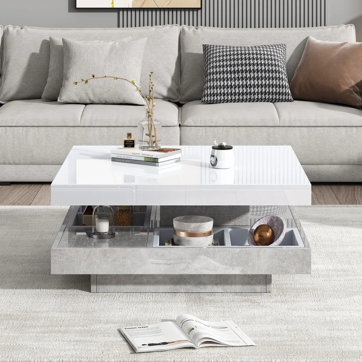 Couchtisch 70 x 70 x 36 cm, moderner Hochglanz-Wohnzimmertisch in Weiß mit marmorfarbenem Sockel – Bild 5