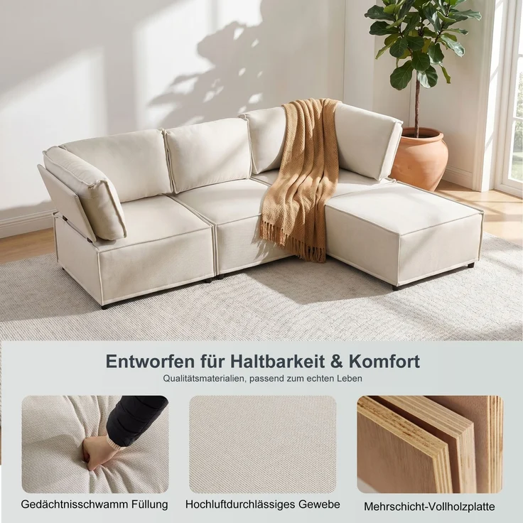 ZUBALIYA Schlafsofa, modular aufgebaut, mit Schaumstoffpolsterung, für Wohnzimmer und Apartments, mit stabilem Untergestell, Beige – Bild 3