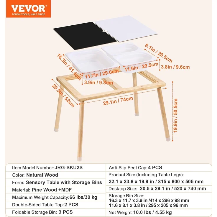 VEVOR Sensoriktisch für Kleinkinder Aktivitätstisch mit 3 faltbaren Aufbewahrungsbehältern & doppelseitiger Tafel, Sand- und Wassertisch Sensoriktisch für Kinder aus Holz zum Zeichnen Lernen Essen – Bild 7