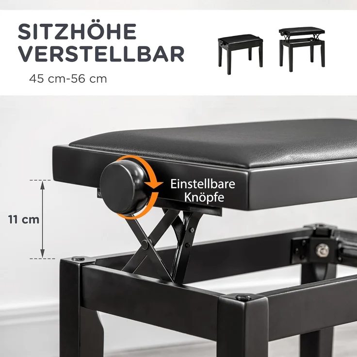 HOMCOM Klavierbank Höhenverstellbare Klavierbank mit Lederkissen (Pianobank, 1-St, Kunstleder Gummiholz), Schwarz 63 x 33 x 45-56 cm – Bild 3