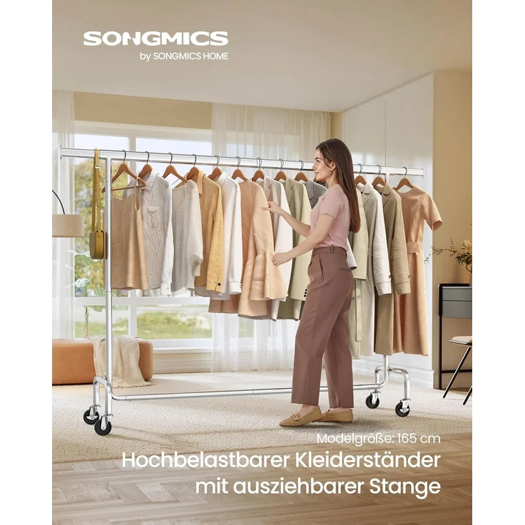 SONGMICS Kleiderständer auf Rollen, Garderobenständer, hochbelastbar, ausziehbare Kleiderstange, bis 110 kg belastbar, 45 x (160-200) x 162,9 cm, aus Metall, verchromt, silbern – Bild 2