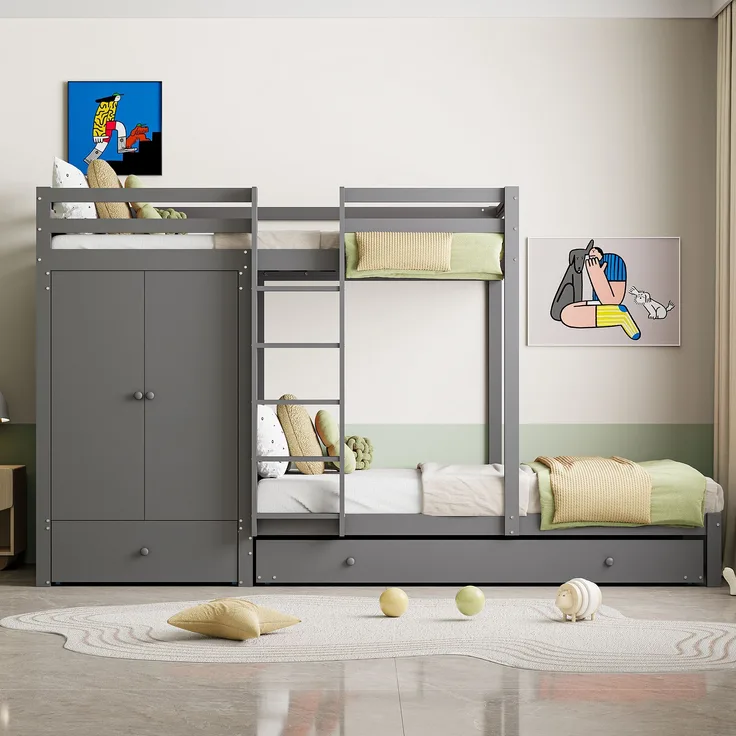 3in1 Etagenbett Grau Mit Ausziehbett Kleiderschrank Schubladen Massivkiefer 120kg Tragkraft Platzsparend Kinderzimmer Gästezimmer Stauraum, 90x200cm