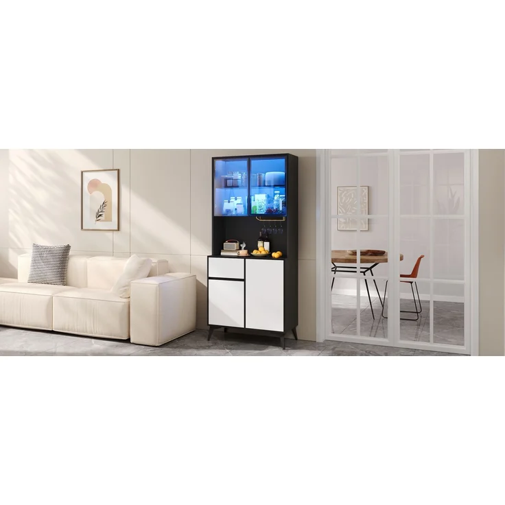 U-life Hochschrank, fürs Wohnzimmer, Vitrine, Anrichte, Sideboard, Esszimmerschrank, MDF, Schwarz – Bild 7