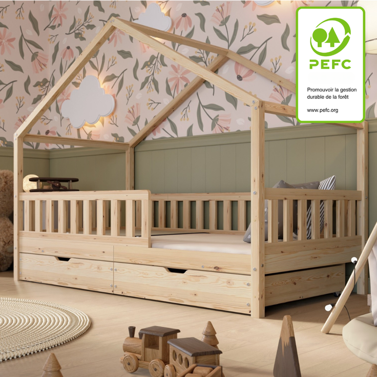 Crazy Pine 'Crazy House' Hausbett mit abnehmbaren Rausfallschutz, Naturholz, Natur, 100x200 cm, mit Schubladen – Bild 3